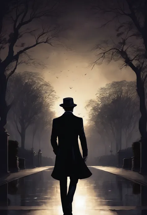 (good quality), (many details), (masterpiece), Charlie Bowater style, Vampire at night in the park, Gloomy aura, Shadows gather behind him, fedora, blond hair, angular face, suit, dark night, Shadow tentacles come to life behind his back