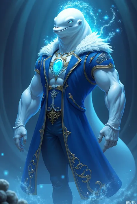 A unique being with a beluga whales head and a tall, muscular human body. His skin is smooth and white like a belugas. He wears a blue Victorian-era coat with gold details, and a glowing blue jewel on his chest shines like stars in the oceans depths. His e...