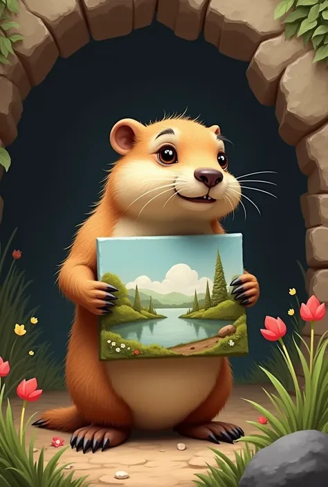 Groundhog holding a painting 