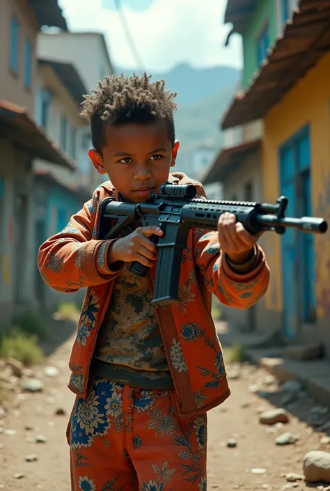 a boy in the favela of rio de janeiro with a rifle in his hand in action and wearing cyclone clothing