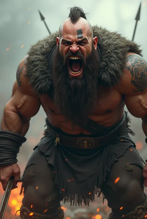 Realistic angry Viking warrior screaming with teeth bared with a Norse tattoo around his eye and with his eyes open 