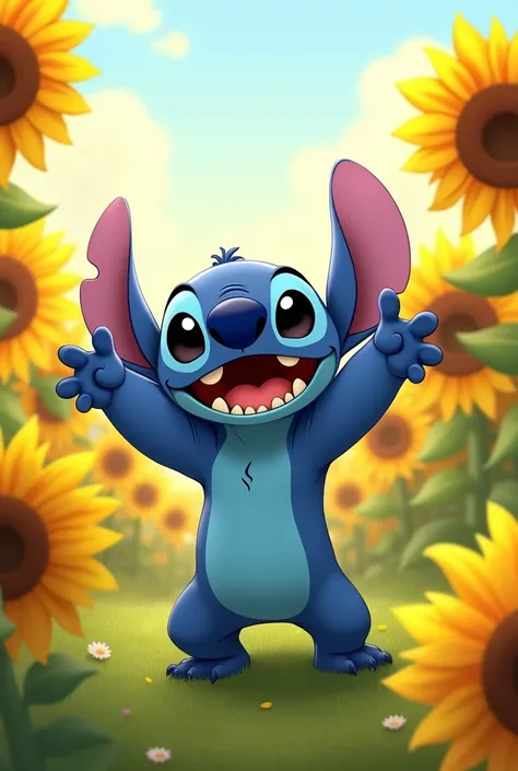 STICH raising his arms with sunflowers on his sides
