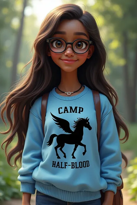 Dark skinned girl with long brown hair and glasses wearing a light blue sweater that has a black pegasus on it that says Camp Half-Blood