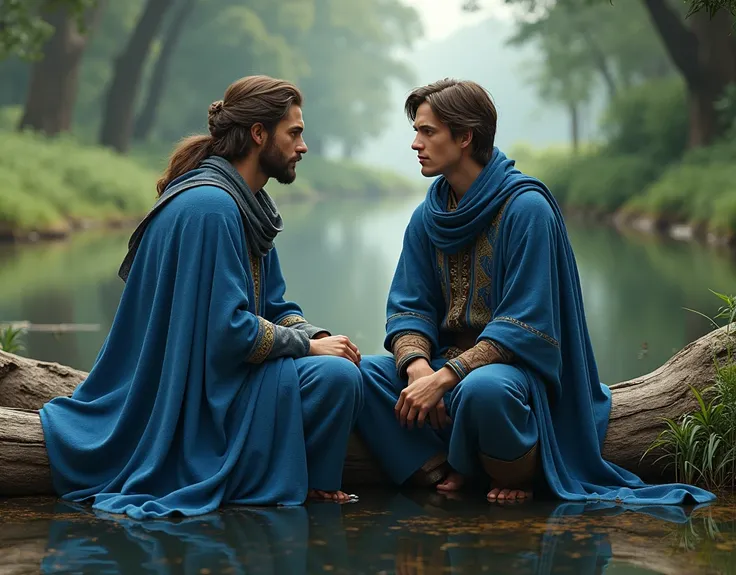 (photorealism:1.2), medieval young man with mystic blue clothes sitting on log with other man, next to a river. 