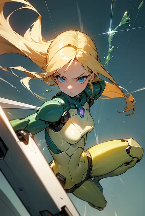 Masterpiece, Best Quality, Detail, A beautiful superheroine small breasts long blonde hair blue eyes she fights against a robot the robot shoots a green liquid at her 