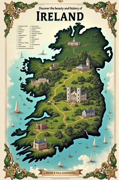 **Pamphlet:** "Iconic Places in Ireland"  
- **Celtic Title,** map with markers.  
- **Images:** cliffs, rocks, Trinity College, Cathedral.  
- **colors:** green, white, dorado.  
- **conclusion:** "Discover the beauty and history of Ireland."