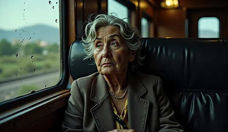 A Mexican woman of about 60 years old looks thoughtful inside a train 