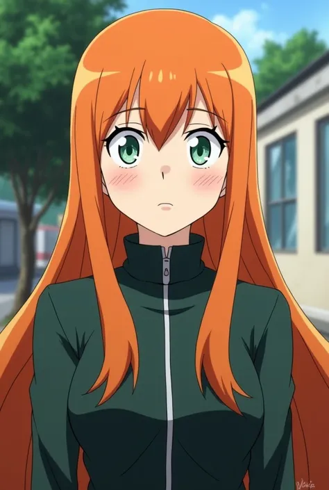 Screenshot Boku no hero academia,
Pretty Young Woman.
long straight natural orange hair natural green slanted eyes serious full body 
