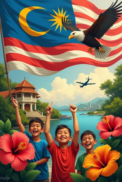 aircraft, langkawi bird, hibicus flower,malaysia flag, airplane, multiple_boys waving flag, eagle, traditional_media, building, leaf, signature, scenery, watercraft, cloud, city combine in a single picture 