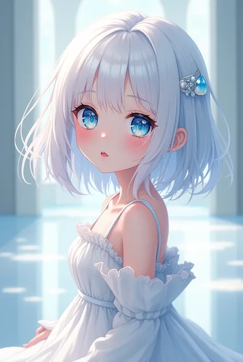 anime cute girl with white hair, blue eyes, wearing long white dress, redlips