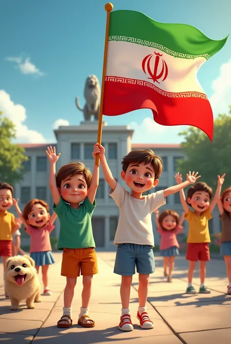 Children waving the lion and sun flag in their school yard, wearing beautiful summer clothes, a dog walking by and the school building with a big lion statue on it in the back. The old Iranian flags are green on the top line, white in the middle where the ...