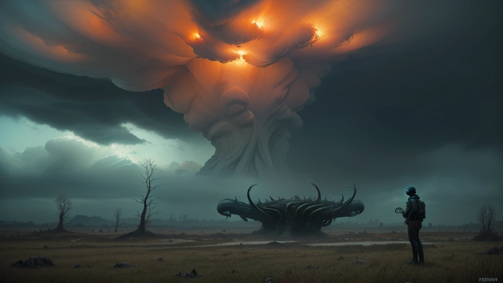 (((Futuristic fables and fantastical folklore))), (Lovecraftian horror:1.4), A grim Kansas crime drama, ((A surreal science-fiction painting, Zdzisław Beksiński, Simon Stålenhag, Denis Sarazhin, Ominous sky, Wayne Barlowe, Alex )). A deeply disturbing narr...