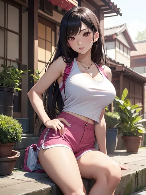 An Asian woman wearing pink shorts sitting on the steps outside a house, looking seductively ahead, pink body, beautiful Asian girl, Tifa Lockhart, Angela Blanco, dressed in a top and shorts, Asian girl, 2 female models, full subject in shot, young Asian g...