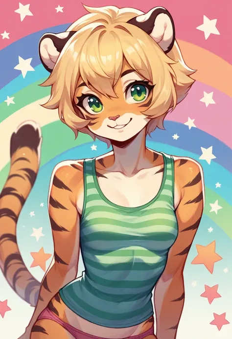 Anthropomorphic, cute, tiger woman, short chic blonde hair, green eyes, hourglass, small breasts, colorful rainbow striped tank top, pink panties, cheerful smile, portrait, stars background