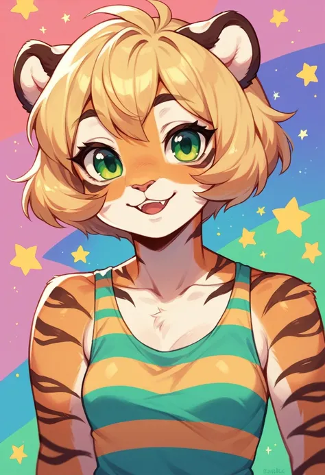 Anthropomorphic, cute, tiger woman, short chic blonde hair, green eyes, hourglass, small breasts, colorful rainbow striped tank top, pink panties, cheerful smile, portrait, stars background