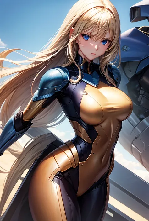 Masterpiece, Best Quality, Detail, A beautiful superheroine small breasts long blonde hair blue eyes she fights against a giant robot action full body 