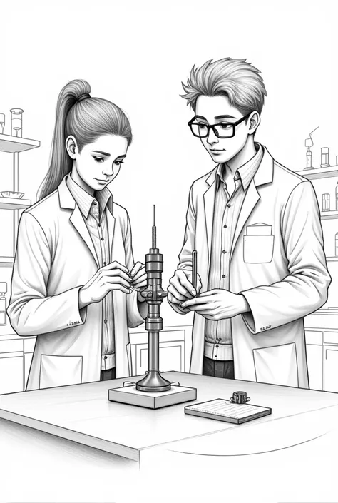 Physics lab with a girl with tied hair dressed in a white coat, assembling a van de graaff generator on a table, At his side, a boy with glasses dressed in a white coat was writing down the results in a notebook., drawn with black pencil
