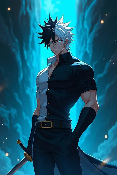 Male anime character with black and white hair with blue eyes muscular and with sword And half cyan and half black shirt in the half blue and half black scenario
