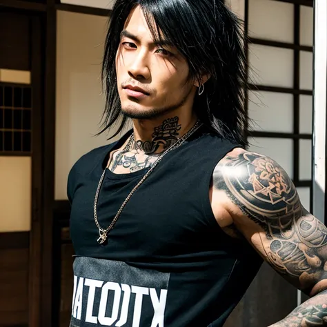 1 man, Japanese man, male, Asian eyes, muscular, broad shoulders, yakuza tattoos, hairstyle Visual Kei style, hair Visual Kei, black mens shirt and black pants, ultra detailed face, hyperrealistic, realistic representation, long hair, long hair, 30 years o...