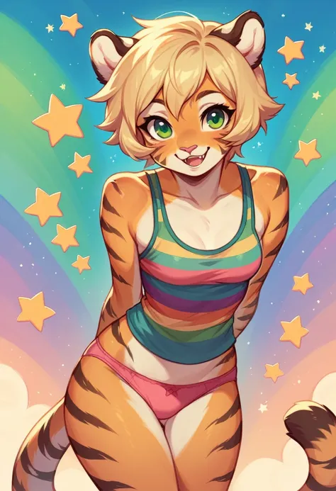 Anthropomorphic, cute, tiger woman, short chic blonde hair, green eyes, hourglass, small breasts, colorful rainbow striped tank top, pink panties, cheerful smile, stars background