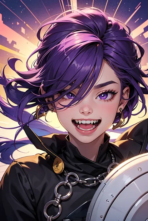 male ,child ,High accuracy, precise, Great job, Anatomy is correct, Get prizes multiple times, Best quality, Explosions, Hair covering the eyes, Purple hair, Crescent shaped ear rings, I smile, sharp teeth, licking lips, male, child 