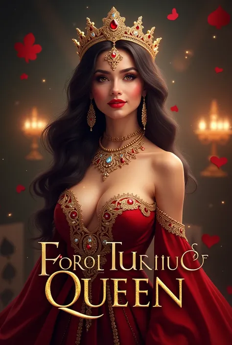 Create a logo for a dp of  an online casino platform named fortune queen using a sexy queen with the name written on the logo with casino background 