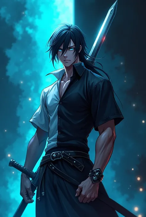 Male anime character with straight black and white hair with blue eyes muscular and with sword And half cyan and half black shirt in the half blue and half black scenario
