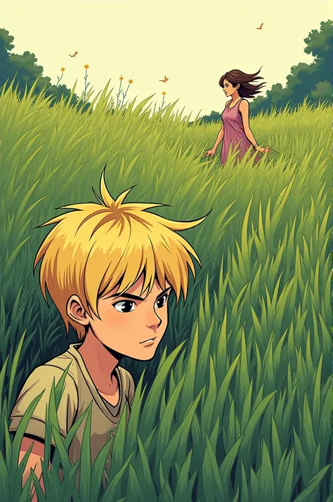 comic: A blond boy with long hair hiding in a grassland watching a young woman from afar 