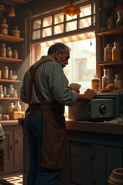 A merchant (Carlos) in your little market, hiding money in a safe.