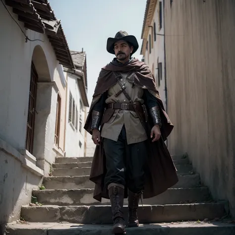 solo, 1boy, Pancho Villa with a mustache wearing a Mexican revolutionary outfit, long_sleeves, full_body, weapon, male_focus, boots, outdoors, day, belt, sword, pants, hood, cape, black_footwear, sash, bird, shaded_face, building, sheath, hood_up, sheathed...