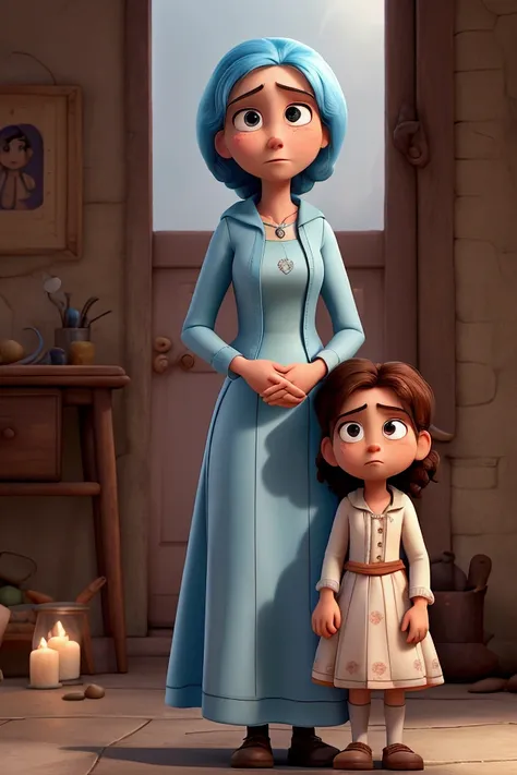 Disney Pixar Animated Family Rebecca, A young woman with a worried expression but full of love, He kneels down next to Miriam, holding her hand gently. Miriam just reacts, his gaze fixed on a distant point, as if she was trapped in her memories. Rebeca, wi...