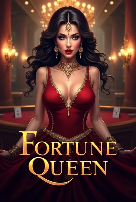 Create a logo for a dp of  an online casino platform named fortune queen using a sexy queen with the name written on the logo with casino background

Focus the picture on middle 