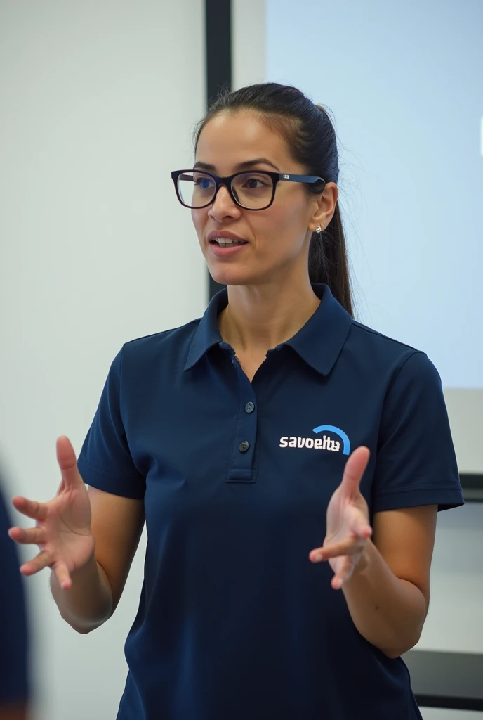 A woman teaching a tutorial in a white room wearing glasses and a ponytail, with a navy blue blouse and with the name written on the right side of the chest "Sapelba"
With polo shirt, and be a Brazilian.