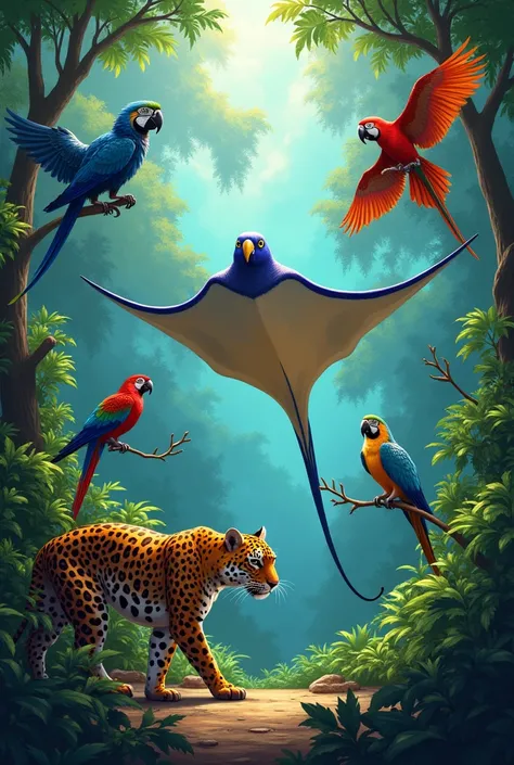 ray with macaws, hawks flying jaguar and atlantic forest with the message "15 days to Guarujá dos crias, good afternoon"