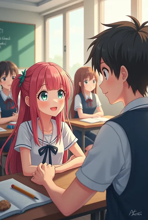 Anime girl talking to a boy in front with other students sitting in the background 