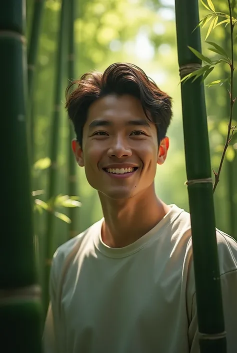 photography realistic, china a young man, smile, bamboo forest
