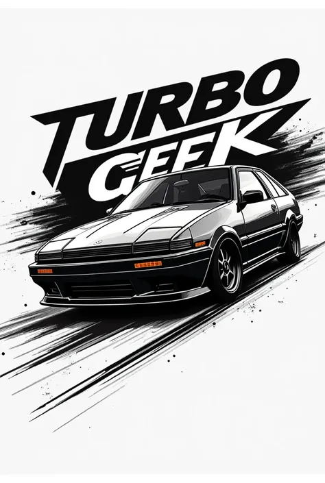 create a logo for a store whose main market is selling pins, scale cars, geek stickers and elements, The name of the store is TurboGeek, the image must be inspired by ae86, that black and white colors predominate