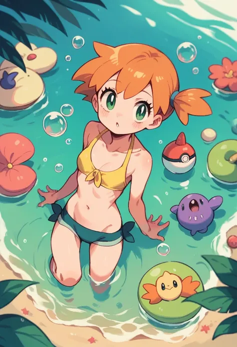 Misty_pokemon , Berry Short,Orange Hair, one side up hair ,Big green eyes,Small breasts,Skinny . Horsea, Pokemon, water , bubble, cute , Beauty girl , fresh , dive . Enjoy, beach, summer , swimming 