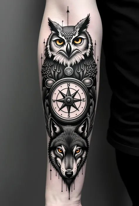 Black and white forearm tattoo with owl image, compass, wolves, is Deus Éolo