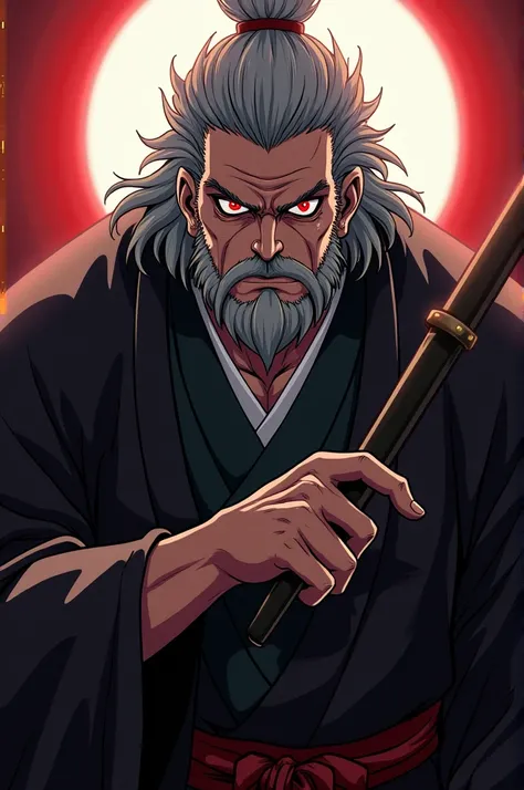 Black Clover Style Middle-Aged Man, Gray hair with a beard and red eyes who is in good shape. His clothing would be traditional Japanese and strangely gives off a terrifying aura.