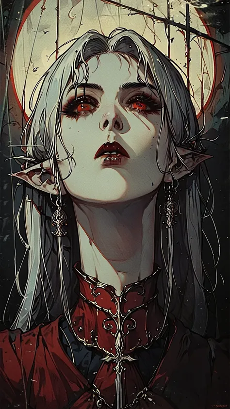 vampire woman, long white hair, black and red armor, pointy ears, red eyes and pale skin, holding a chalice , gloomy catacombs o...