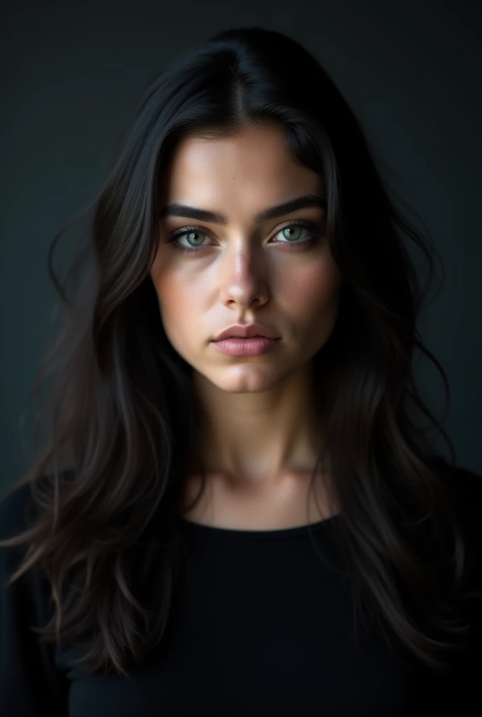 belle fille de 22 ans aux cheveux noirs dans un studio avec un fond sombre, vêtue dun haut noir. Pose frontale, Expression sérieuse, yeux gris clairs détaillés. Éclairage avant, mettant en évidence les ombres et les textures du visage. Appareil photo moyen...