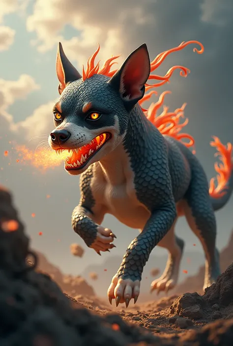 a boston terrier dog, a chinese dragon, fantastical magical creature, mythical beast, detailed intricate scales, glowing eyes, sharp teeth, fire breath, dynamic action pose, fantasy landscape background, cloudy skies, moody lighting, cinematic dramatic com...