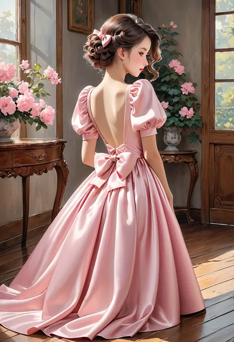 The image shows a young girl wearing a beautiful, satin pink dress. The dress features short, puffed sleeves and an open back. A large, elegant bow is prominently displayed at the lower back of the dress, adding a charming and sophisticated touch. The girl...