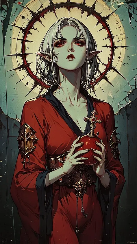 vampire woman, long white hair, black and red armor, long robe,pointy ears, red eyes and pale skin, holding a chalice , gloomy catacombs of an ancient time, fully body