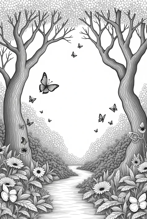 Create me a coloring picture of a magical fairytale enchanted forest with butterflies in it, for coloring with large white areas and strong black lines