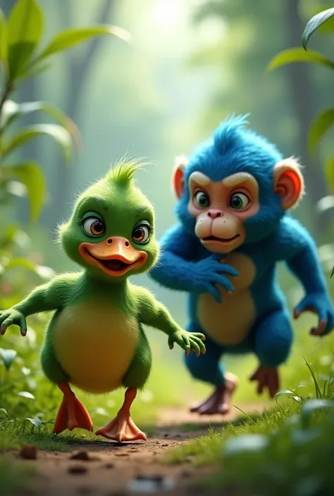 a small green duck crying and running after a big monkey with blue details 