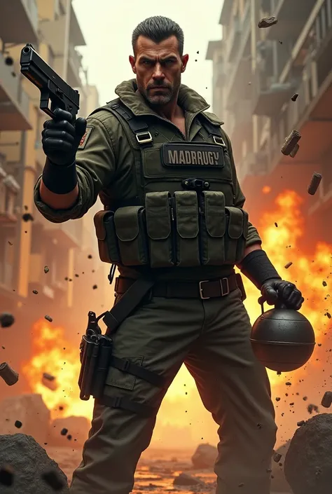 Mr. Madruga holding a gun and exploding a grenade
