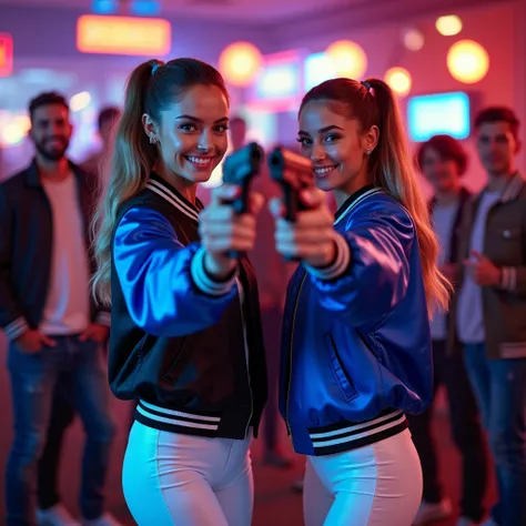 wide depth of field, wide depth of focus, f/11 lens setting, all objects in focus, full color image, 2 laughing women holding pistol up by face, looking at camera ,large fraternity house game room, full body image, (two tone royal blue and black short crop...