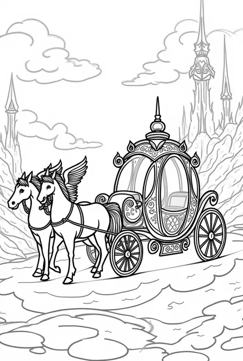 Create me a coloring picture of a magical carriage, for coloring with large white areas and strong black lines